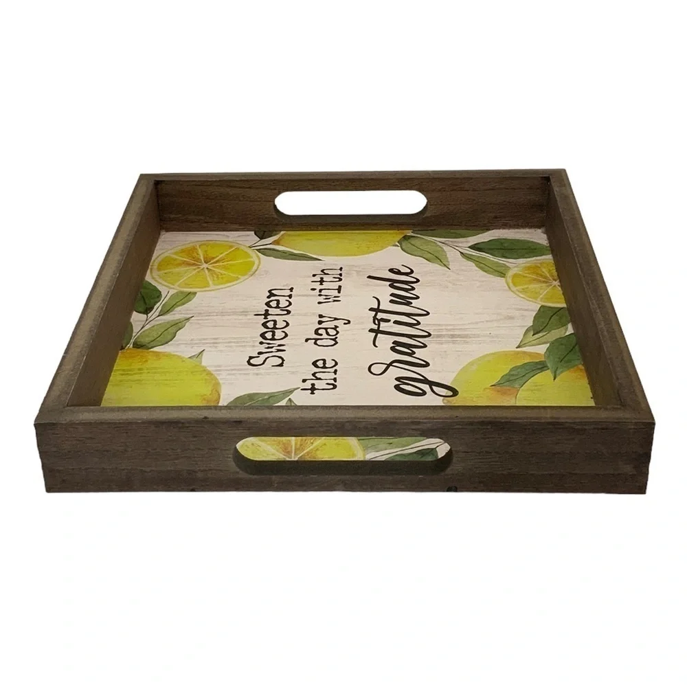Square Wood Tray Lemons Sweeten the Day With Gratitude Multi Purpose Decorative